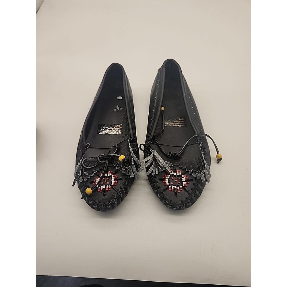 womens Black Fringed Beaded Moccasins Loafer Size 6W Manmade Material New